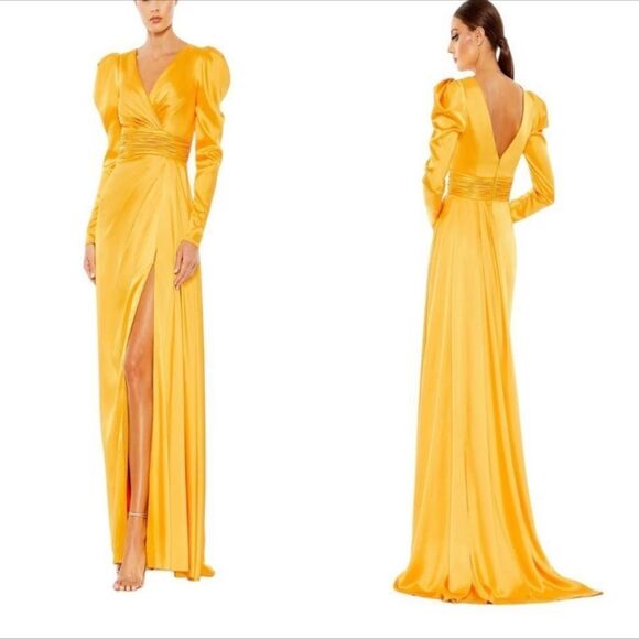 Mac Duggal 12404 Yellow Puff Sleeve Faux Wrap Formal Gown| Size 8 - Picture 1 of 11